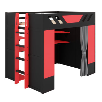 Lit mezzanine élégant avec tablettes organisationnelles, rideaux occultants et système d'éclairage RVB