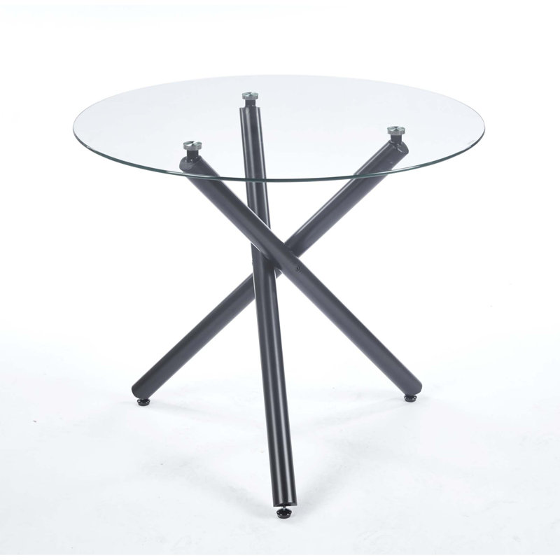 Round Dining Table With Oak Metal Leg And Tempered Glass,Modern Space Saving Kitchen Table, Black