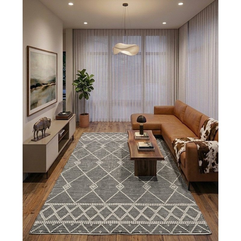 Tapis intérieur contemporain en laine et coton noir tissé à la main