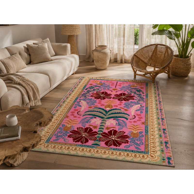 Pink Themed Multicolored Motif Flower And Bird Patterned Vintage Decorative Carpet, Rectangle 3'4" x 5'