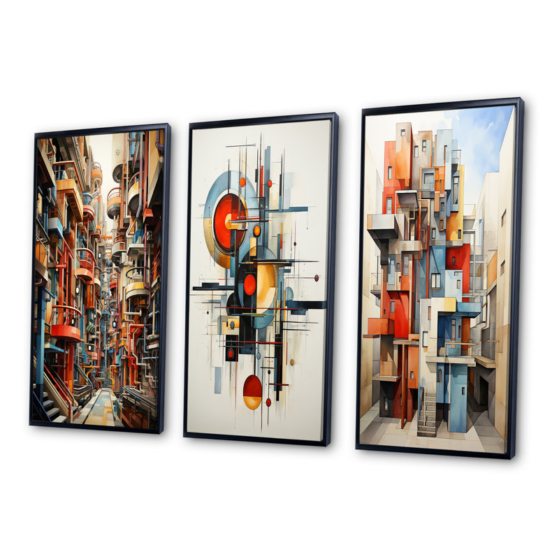 «Constructivism Industrial Utopia Imaginaire», 3 pièces sur toile, H 28 po x l 36 po, Cadre noir