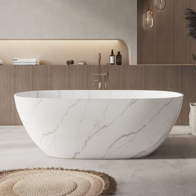 63" Marble Vein Solid Surface Freestanding Bathtub, Modern Oval Stone Resin Deep Soaking Tub  with Integrated Slotted Overflow & Drain