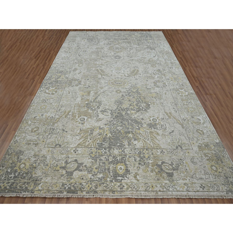 Tapis oriental gris 9 pi 2 po x 12 pi 5 po avec motif oriental beige, noué à la main, cassé et effacé, 100% laine