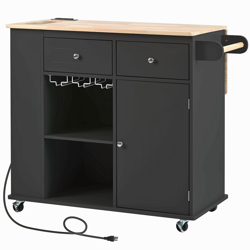 Îlot de cuisine avec prise de courant, îlot de rangement avec abattant et bois d'hévéa, rangement ouvert et support à vin, 5 roulettes, avec rangement réglable pour la maison, la cuisine et la salle à manger