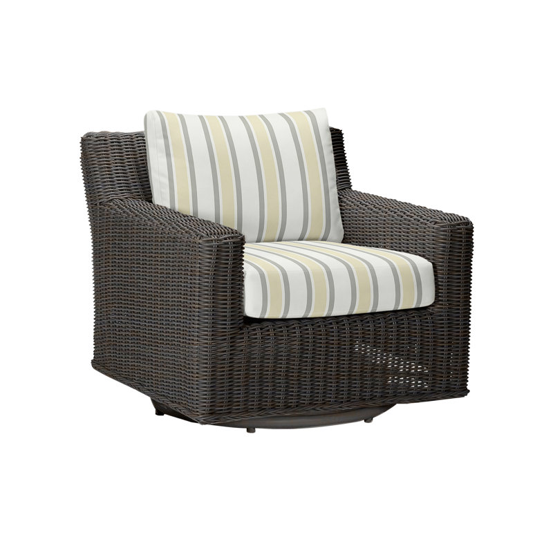 Rustic Swivel Patio Chair with Cushions, Rollo Silver InsideOut® Linen, Black Walnut, Welt