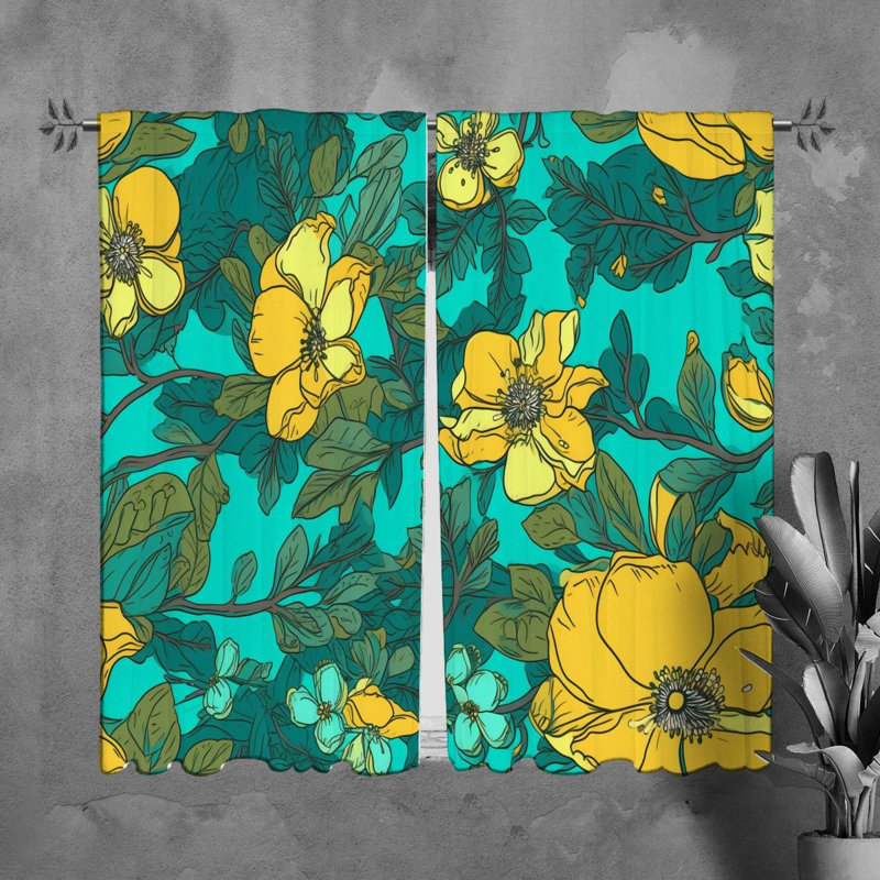 Rideaux de fenêtre floraux, rideaux botaniques turquoise, L 20 po x L 61 po