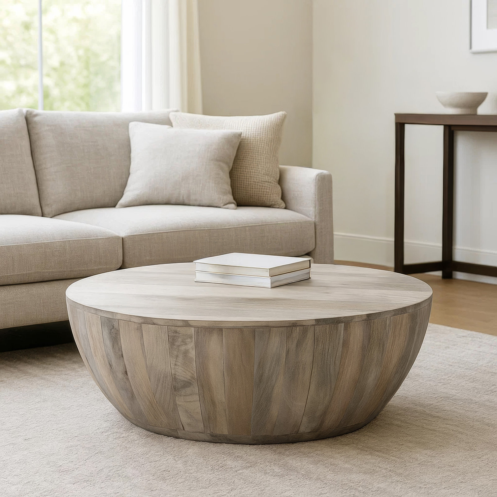 Teasdale 36" Mango Drum Coffee Table, Distressed White