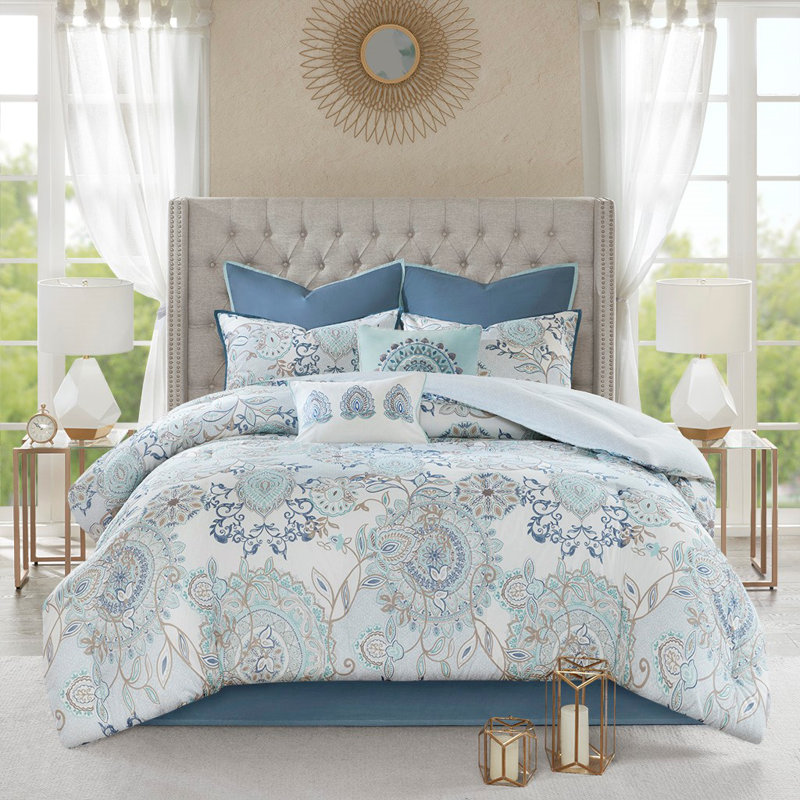Ensemble d'édredon réversible en coton 8 pièces Madison Park Isla - Shabby Chic, certifié Oeko-Tex, bleu grand, Bleu