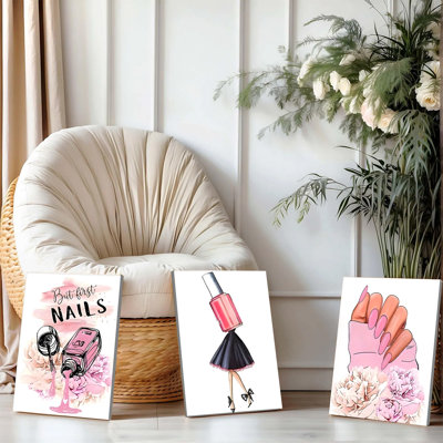 Ensemble de 3 affiches encadrées, décoration murale sur toile pour nail art, imprimés floraux pivoines roses avec outils de manucure et design tendance, décoration moderne pour salon de beauté, chambre ou salle de bain, art mural esthétique pour la pièce
