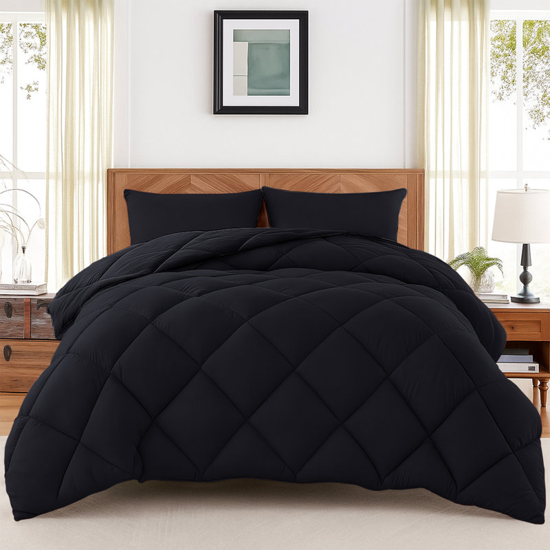 Down Alternative Microfiber Reversible Comforter Set - 3 Pcs All Season Diamond Pattern Comforter with Shams, Black, KIng