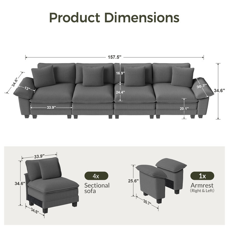 158" Modular Sectional Sofa, Comfy Cloud Couch For Living Room, 4-seater Deep Seat Sofa With Throw Pillow, Gray Corduroy