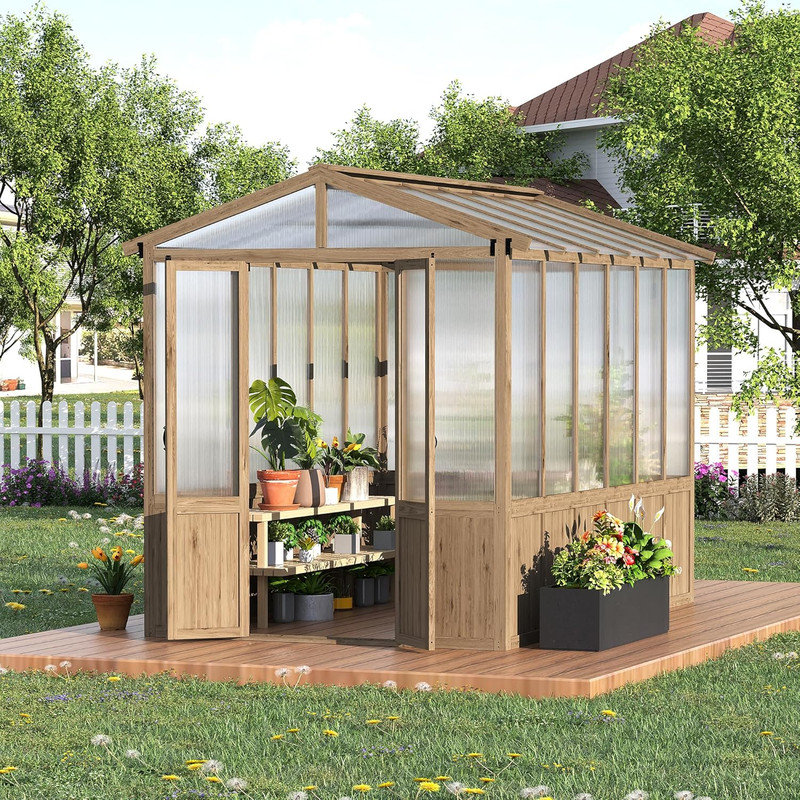 8x10FT Cedar Greenhouse with Polycarbonate Panels & Roof Vent, Outdoor Walk-in Wood Greenhouse