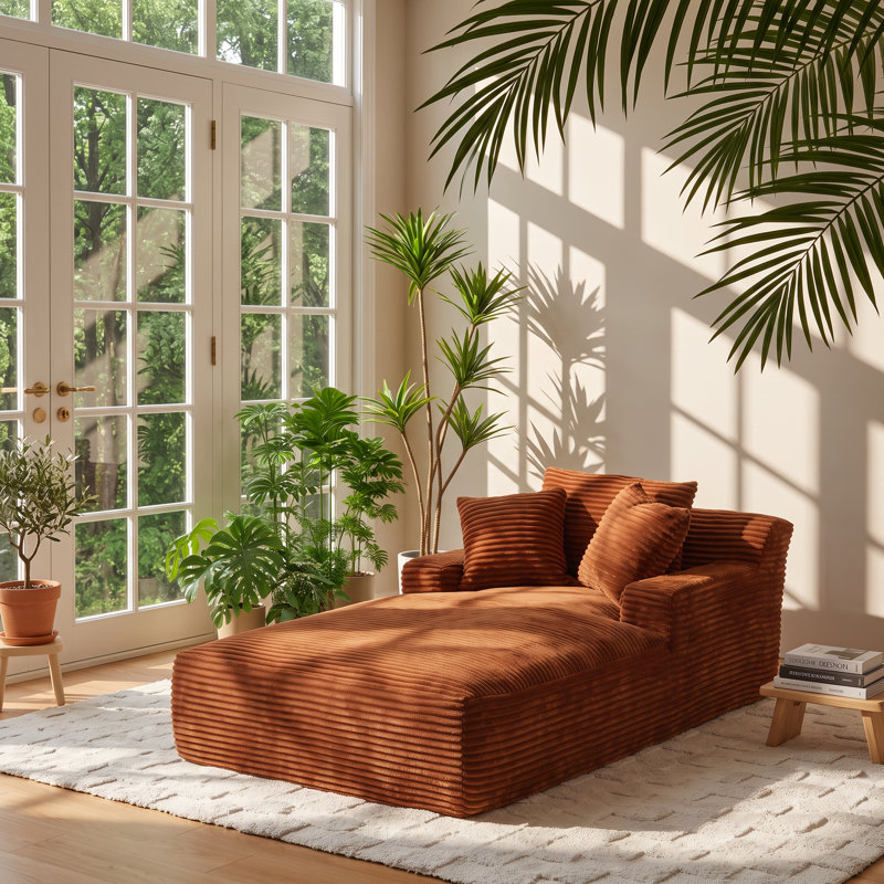 Canapé méridienne NORMICORE en velours côtelé, dimensions : 200 cm (L) x 125 cm (P) x 72 cm (H).