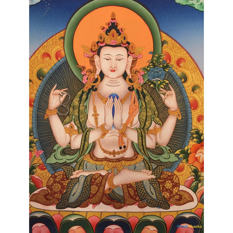 Chengrezig Namaskarm Mudra (Thangka sans brocart) | Or 24 carats