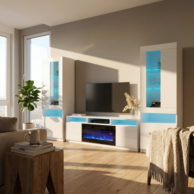 Azniv 110.2" Modern Entertainment Center with Electric Fireplace, High Gloss Finish, Media Storage, White