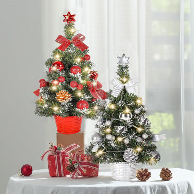 Arbre de Noël de table 16 pouces avec 30 lumières DEL blanc chaud - pré-décoré avec des arcs, des ornements et des pommes de pin, mini arbre de Noël artificiel pour la maison, le bureau, le bureau