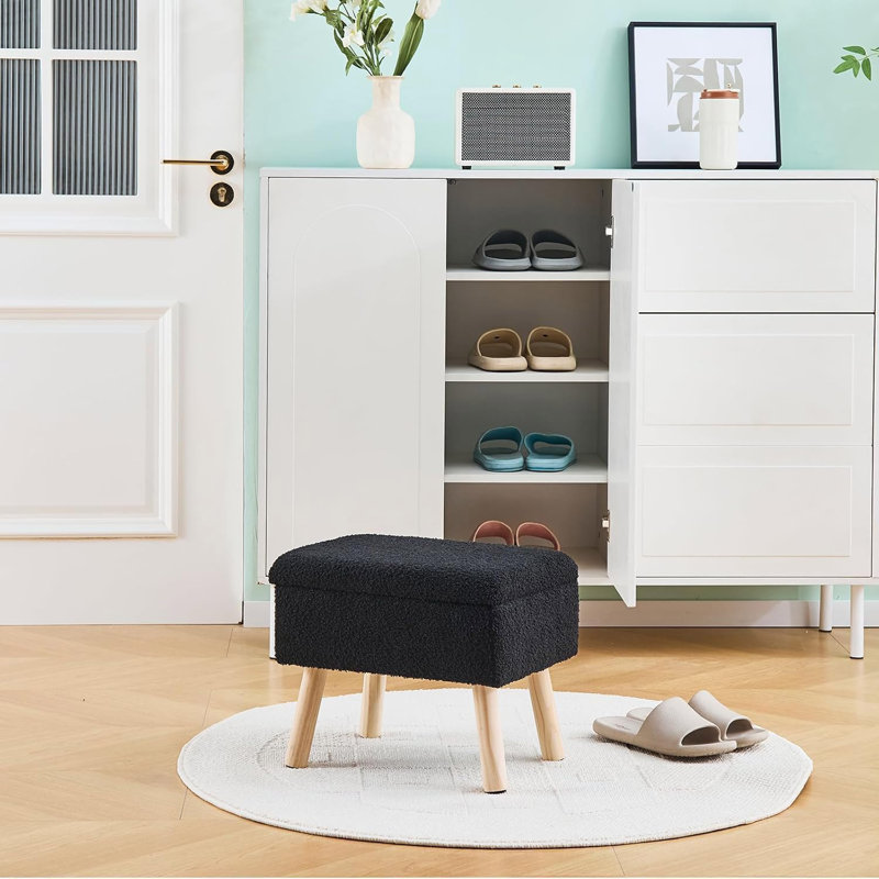 Petit tabouret d'appoint avec repose-pieds en bois, Noir