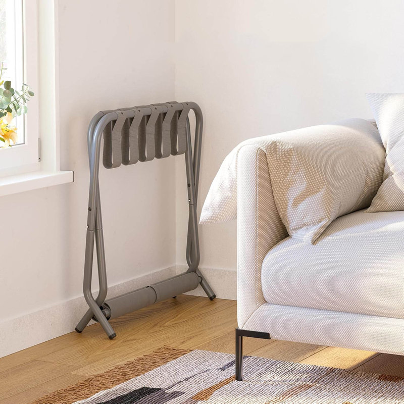 Gray Foldable Metal Luggage Rack with Storage Shelf, Set of 2