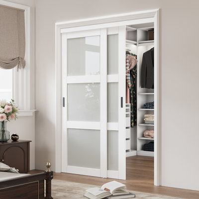 80" White Frosted Glasses Pantry Sliding Closet  Doors With Hardware & Handles