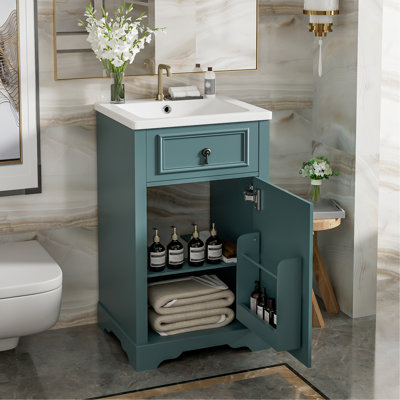 Meuble-lavabo de 20 pouces avec lavabo en céramique, porte à fermeture douce, tablette réglable et support de rangement fixé à la porte - idéal pour les petites salles de bain