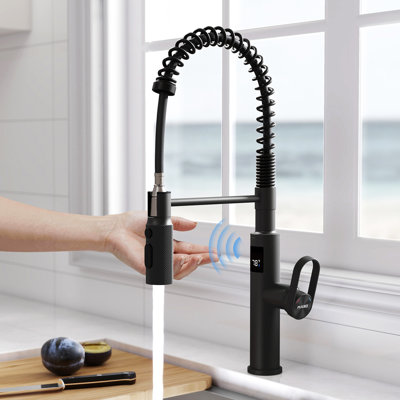 MASO Touchless Spring Kitchen Faucet with Pull-Down Sprayer, Fahrenheit Temperature Display, 3 Spray Modes, 360° Swivel, Single Handle for RV, Farmhouse, Camper, Laundry & Bar,Matte Black