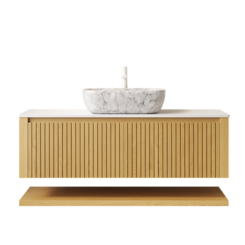 Meuble-lavabo de 48 po en contreplaqué flottant et lavabo - pré-assemblé avec tiroirs, tablette ouverte, lavabo en marbre et plateau en pierre blanche, finition chêne Corolla