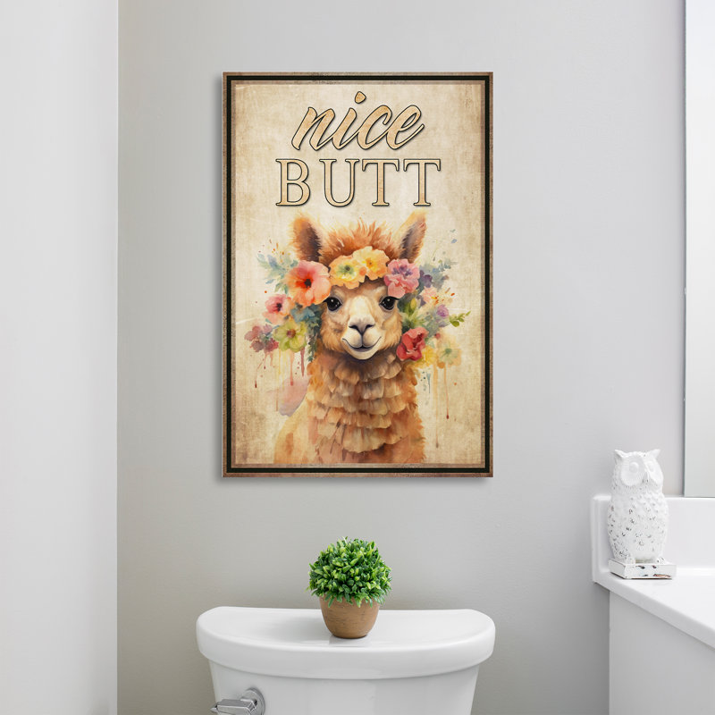 Lama portant des lunettes - belle toile tendue avec toile tendue - décor d'illustrations animales de salle de bain et de lessive, beige et bleu-vert