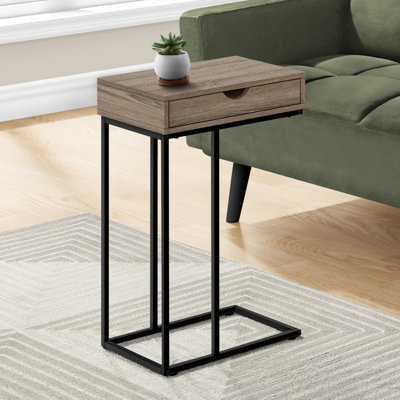 Table d'appoint, en forme de C, bout, côté, collation, tiroir de rangement, salon, chambre à coucher, stratifié brun, métal noir, contemporain, moderne