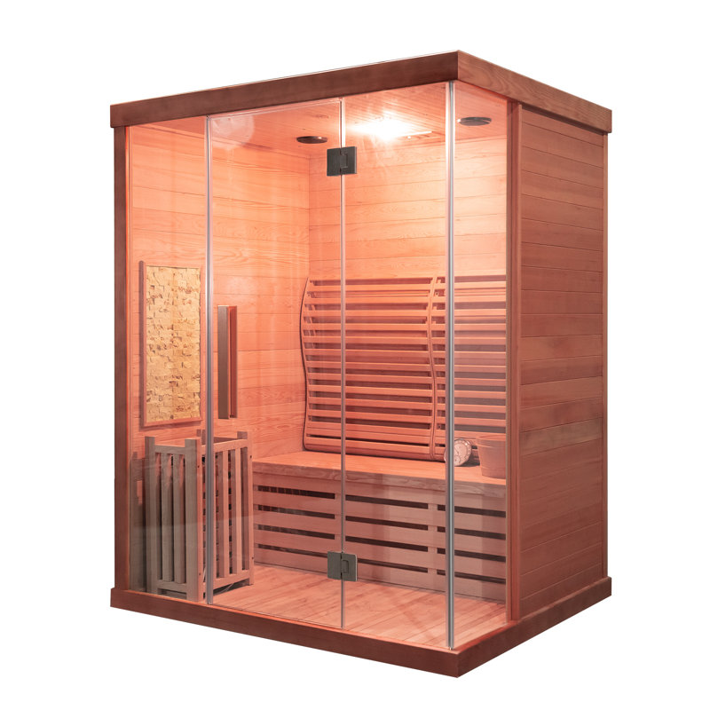 Hylivesaunas Wood Home Traditional Steam Sauna, Wifi Control 4 Person Luxurious Indoor Canadian Red Cedar Wooden Spa Room, with 6 kw Heater, Backrest, Bluetooth Speaker, Rocks, Water Bucket, Spoon, Lights