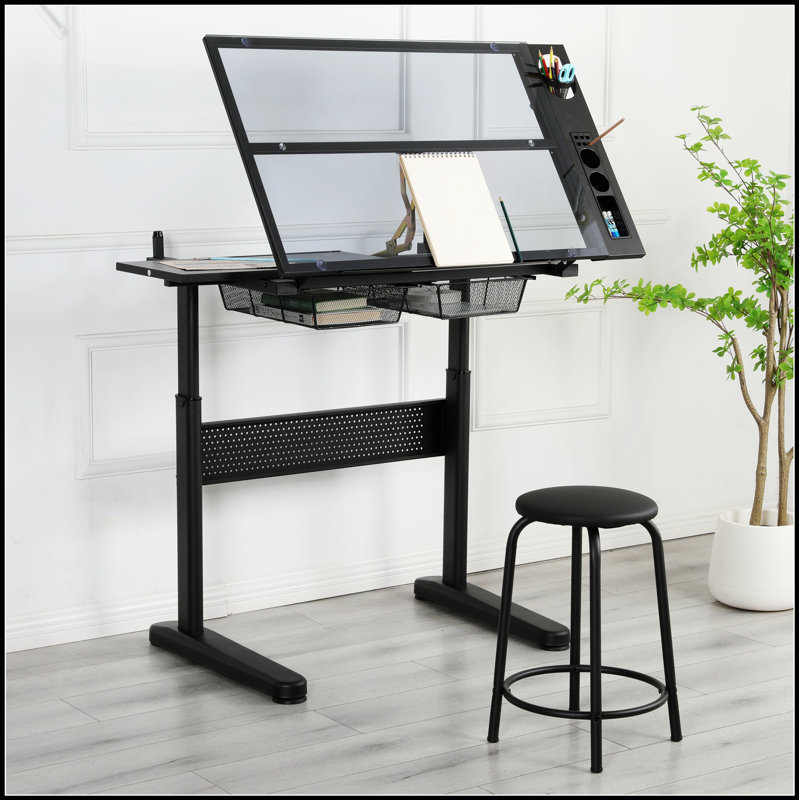 Table à dessin réglable à manivelle avec 2 tiroirs en métal et tabouret, parfaite pour les artistes et les designers