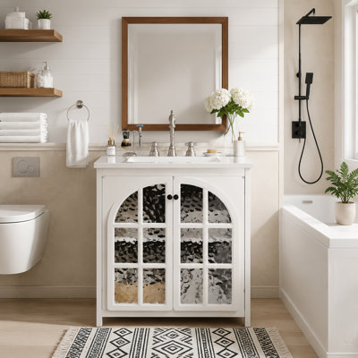 Meuble-lavabo 30 po Mid-Century avec portes en céramique à fermeture en douceur