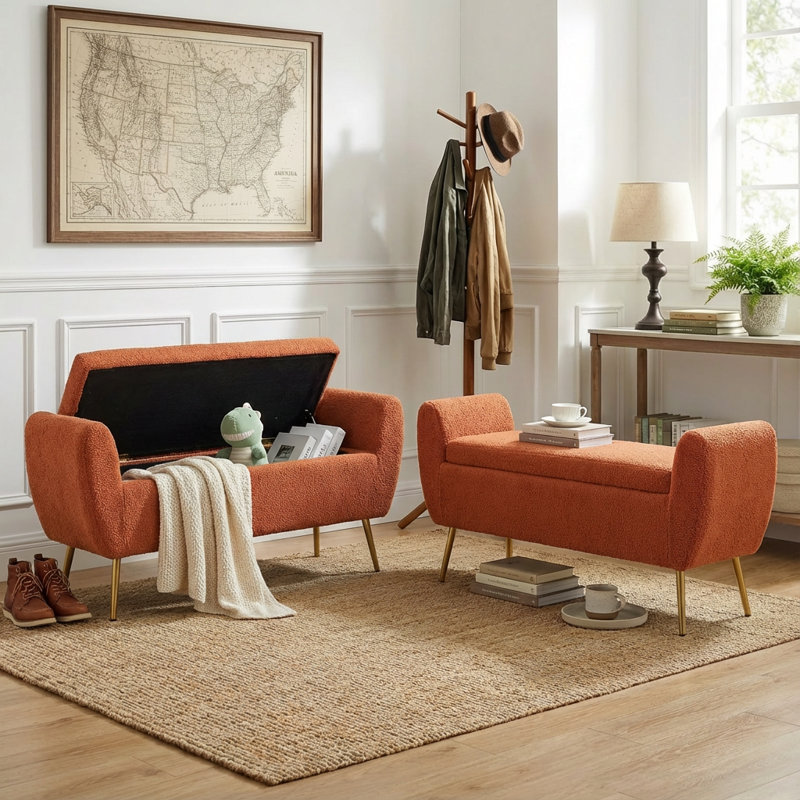 Kaybree Upholstered Flip Top Storage Bench, Orange