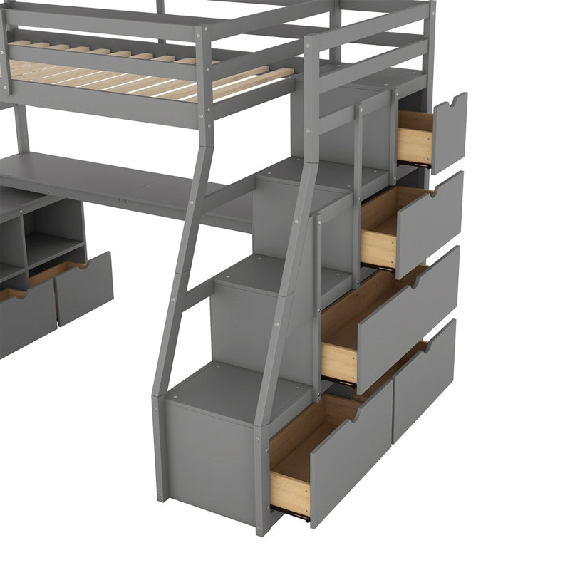 Lit mezzanine simple avec 7 tiroirs, 2 tablettes et un bureau, Grey
