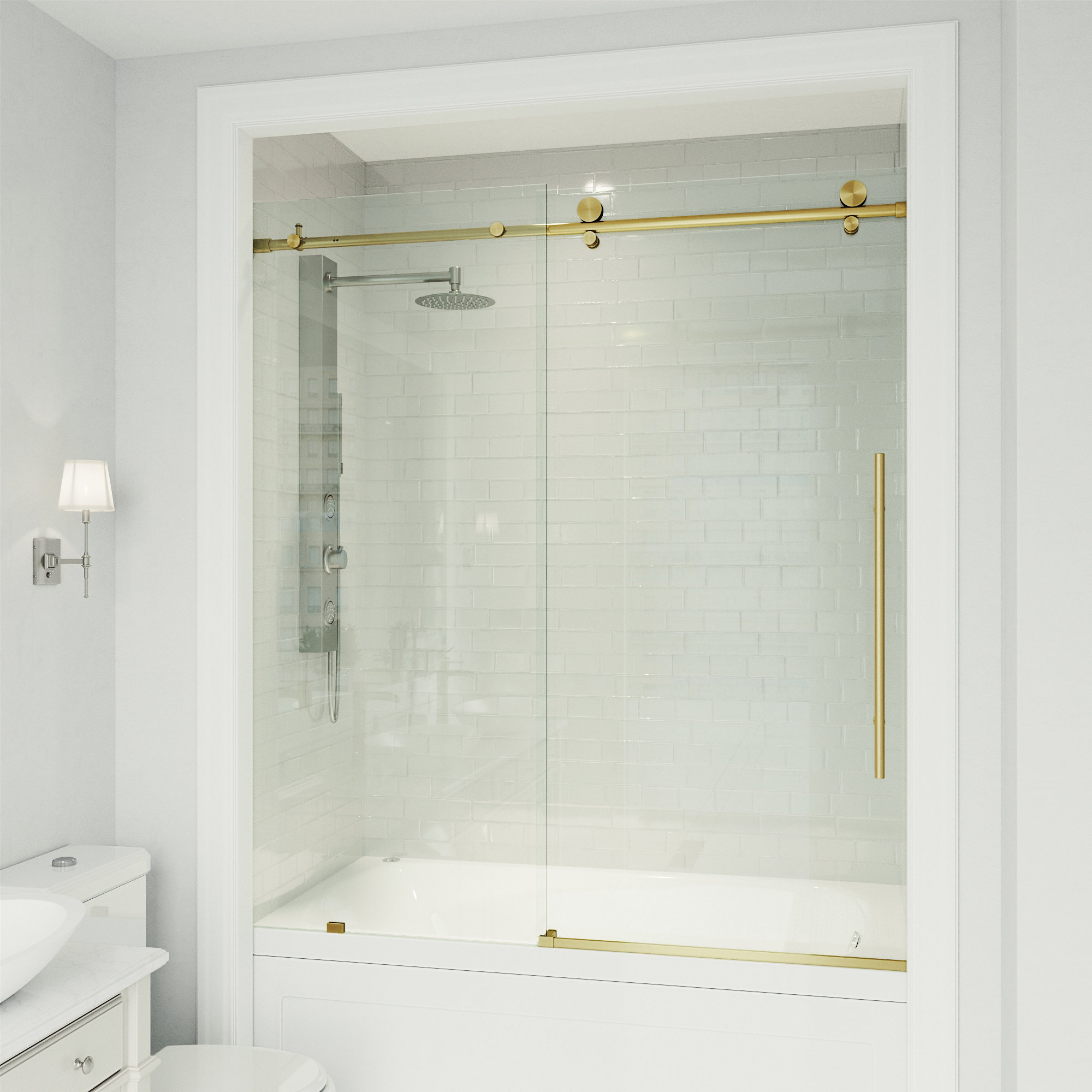 Elan E-Class 56-60" W x 66" H Sliding Frameless Tub Door with 3/8" Clear Glass, Matte Gold