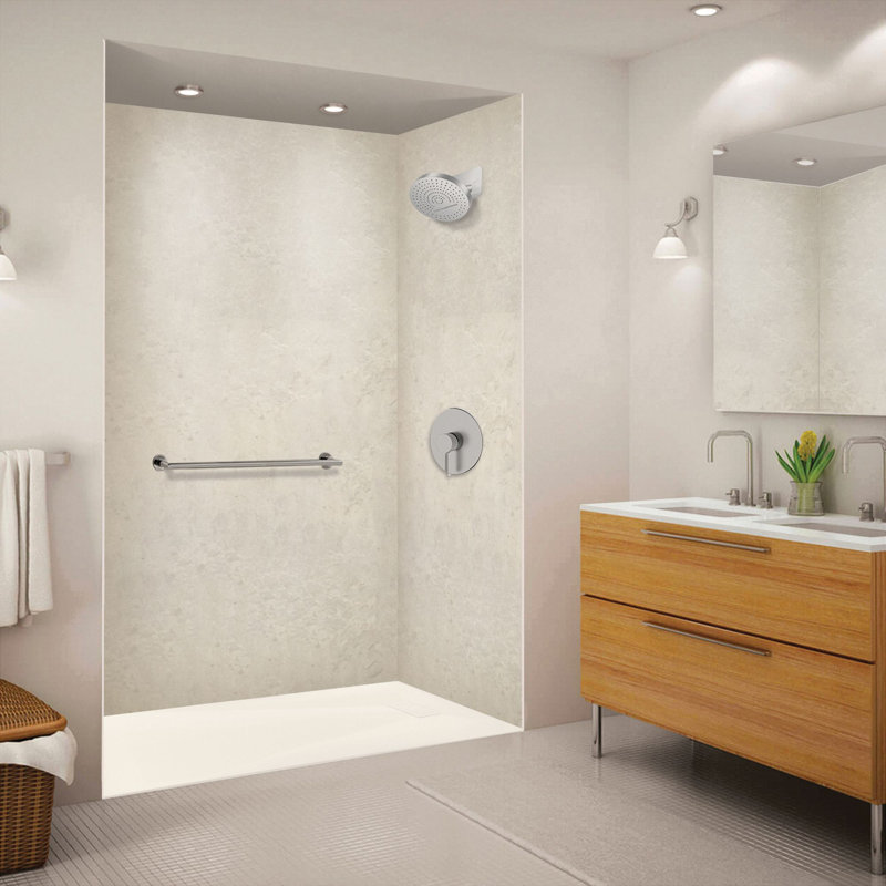 Transolid Trimslate 63-in x 36-in Zero Threshold Tub Replacement Shower Base with End Drain, Cameo