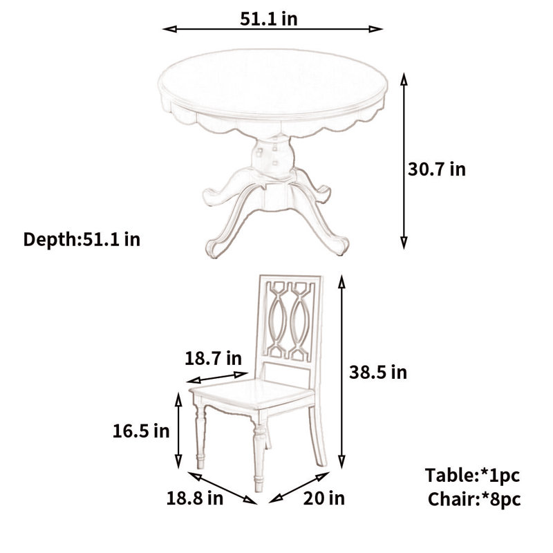 Table de salle à manger, H 30,7 po x L 51,1 po x l 51,1 po