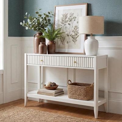 Console étroite en bois avec 2 tiroirs et tablette ouverte, table basse avec canapé de 11,8 po de profondeur, console d'entrée blanche pour le couloir, le salon et la chambre à coucher
