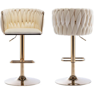 2 Pack Velvet Swivel Bar Stools Adjustable Counter Height Bar Chairs With Woven Back & Footrest