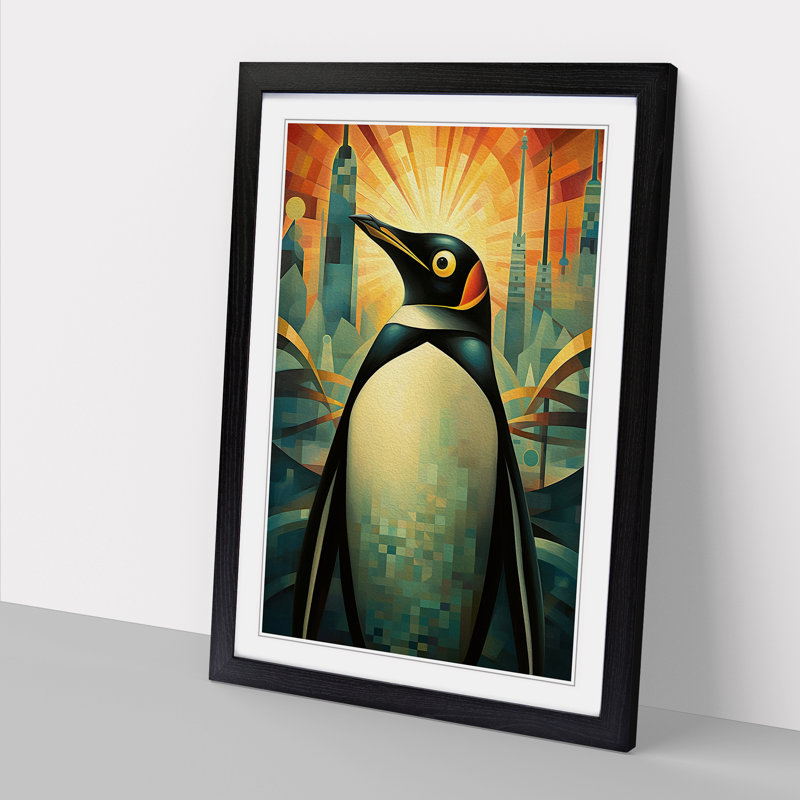 Penguin Deco No.2 - Single Picture Frame Print on Wood, Black Framed, 34cm H x 25cm W x 2" D
