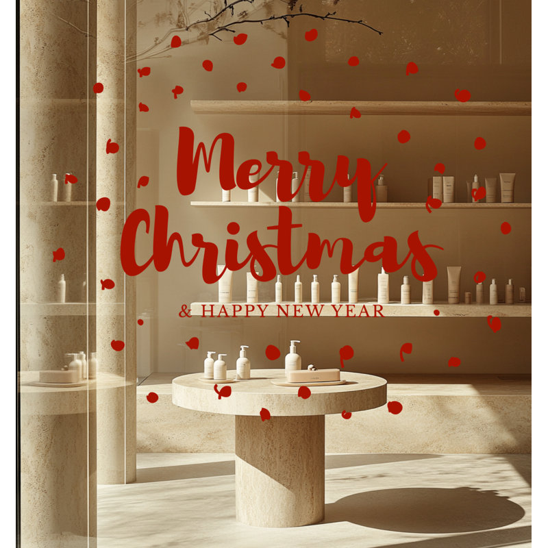 Décalcomanie vinyle Merry Christmas & Happy New Year Storefront, Rouge, H 30 po x l 30 po