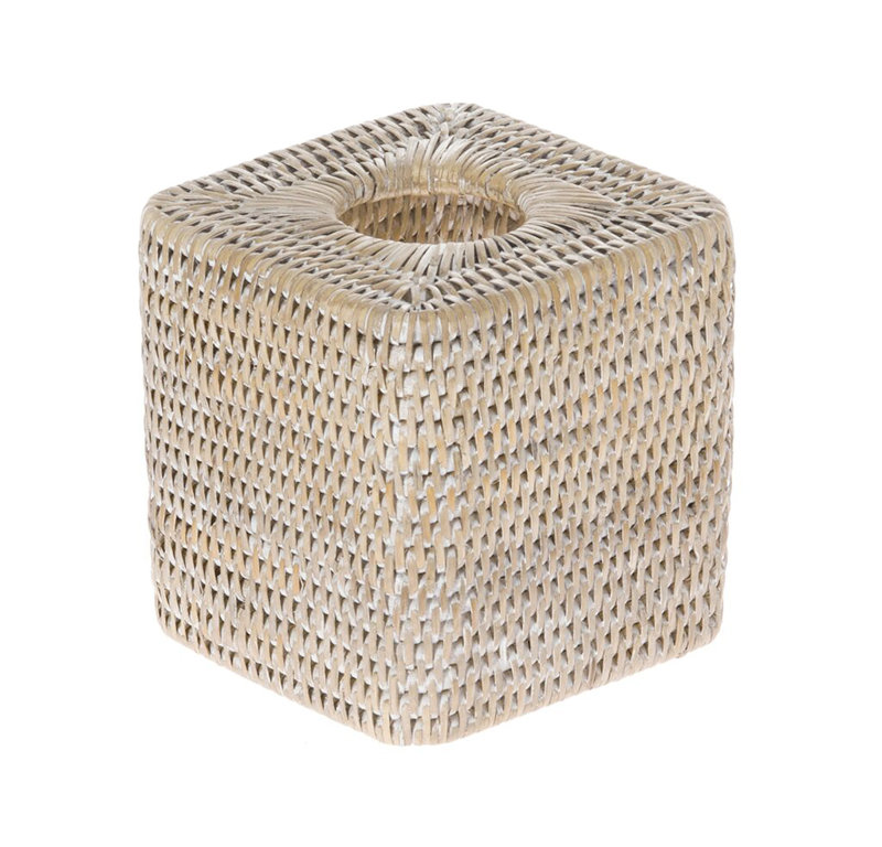 White Wash Handwoven Rattan Square Tissue Box Cover