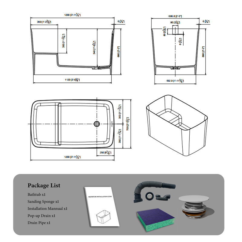 47" Freestanding Bathtub Solid Surface Deep Soaking Bathtub Mini Tub With Seat In Black