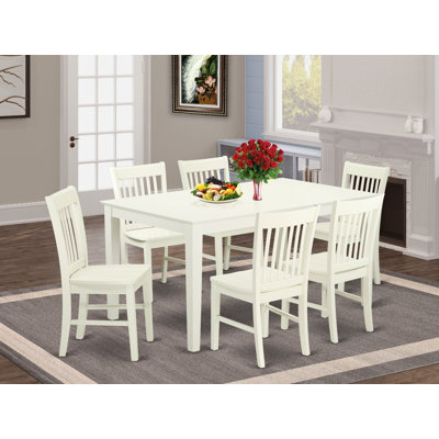 7 Piece Dining Table Set Consist of a Rectangle Kitchen Table and 6 Dining Room Chairs, 36x60 Inch, Linen White