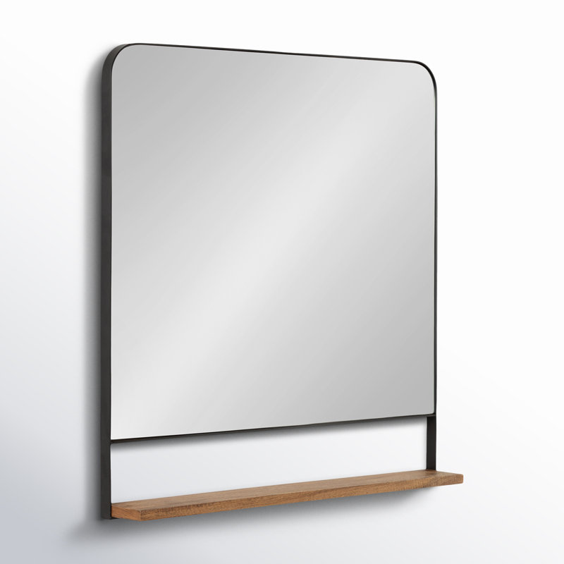Branchville Metal Wall Mirror with Shelf, Square, 32" x 32", Natural Brown and Black