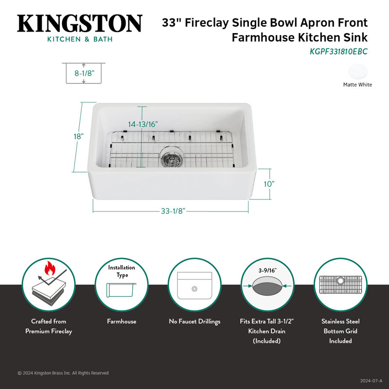 Évier de cuisine de ferme en argile réfractaire de 33 po Kingston, Blanc mat