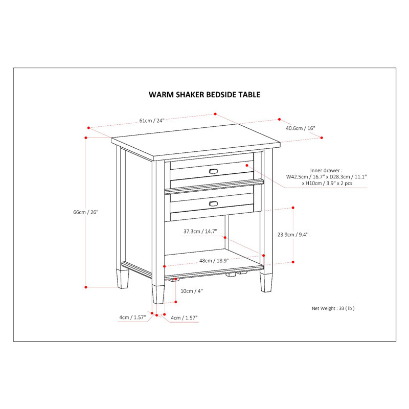 White Solid Wood 2-Drawer Bedside Nightstand