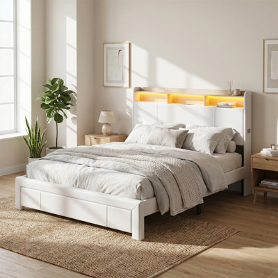 Full-Size Bed Frame, Featuring Headboard Storage, LED Lighting And USB Charging, Upholstered In Soft Fabric, Sturdy Metal Support, Quiet Design, Mattress Not Included, No Box Spring Needed, Platform Bed, Beige