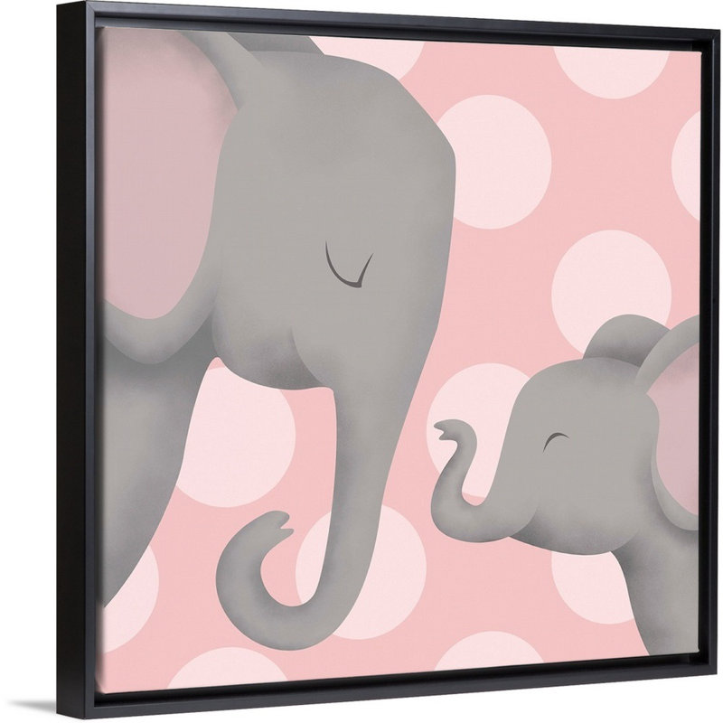 «Elephant Mommy and Baby on Pink», impression, Cadre pour toile flottant noir, H 12 po x l 12 po x P 1,75 po