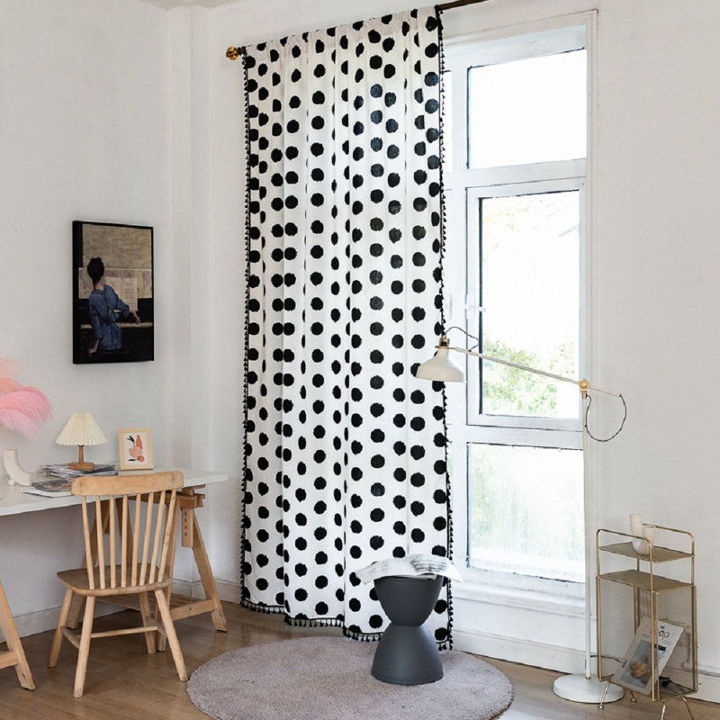 Ensemble de 2 rideaux transparents à pois noir et blanc rétro, L 52 po x L 84 po