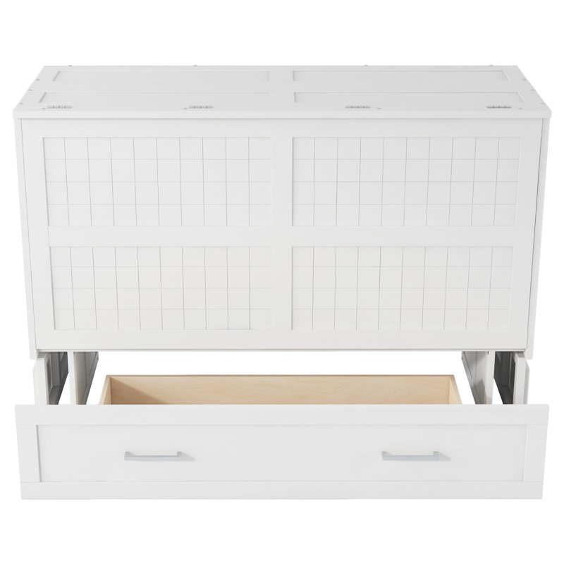 Grand lit escamotable mobile blanc avec tiroir et tablettes de chevet, lit plateforme avec armoire peu encombrante